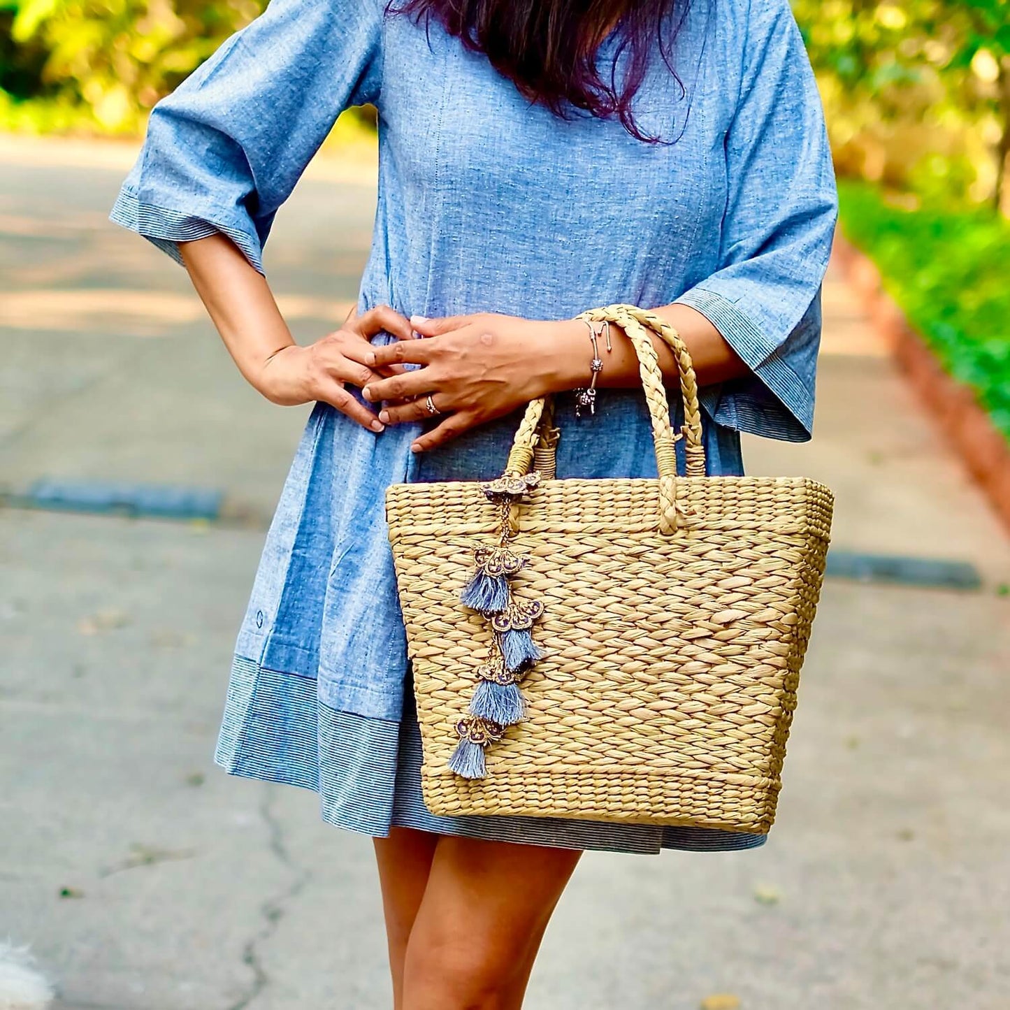 Classy Gift for Sister/Bhabhi - Blue Grey Tassels Tote